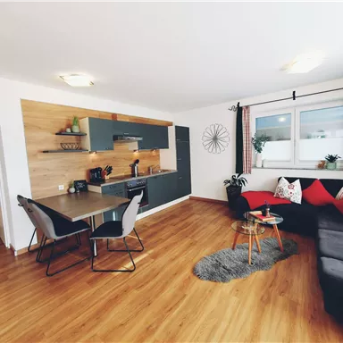 Ein modernes Wohnzimmer mit einer offenen Küche und einem Esstisch. Der Raum ist hell und gemütlich eingerichtet mit einem bequemen Sofa und dekorativen Kissen.