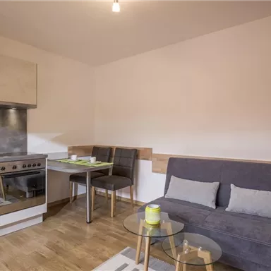 A modern living room with a kitchenette, a sofa, and a dining table. The room is bright and warmly furnished.