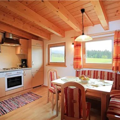 Eine gemütliche Küche mit Holzdecken und modernen Geräten. Ein Esstisch mit frischem Obst und einem Blick auf die grüne Landschaft durch große Fenster.