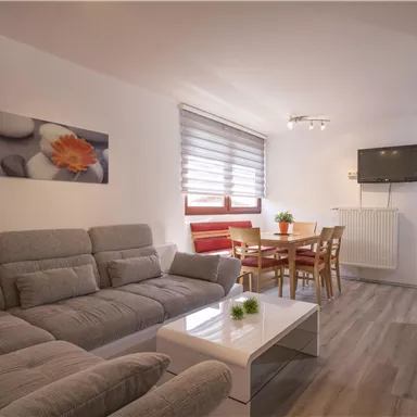 A modern living room with a cozy couch and a dining table. On the wall hangs a picture of stones and a flower.