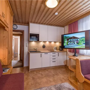 Eine gemütliche Wohnung mit Holzvertäfelung und modernen Möbeln. Die Küche ist gut ausgestattet und ein Fernseher ist vorhanden.
