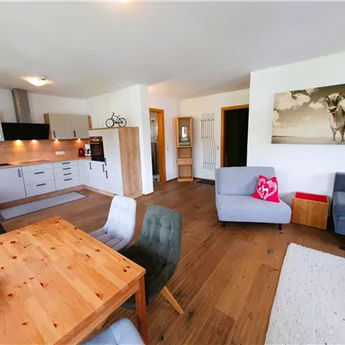 A modern apartment with an open kitchen and a cozy dining area. The living room features comfortable armchairs and a wooden table that creates an inviting atmosphere.