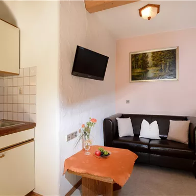 Eine gemütliche Sitzecke mit einer Couch und einem Tisch. Die kleine Küche ist gut ausgestattet und ein Fernseher ist an der Wand montiert.