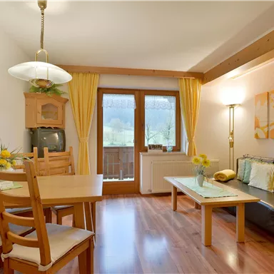 Ein gemütlicher Wohnbereich mit einem Esstisch und Stühlen. Große Fenster sorgen für viel Tageslicht und eine freundliche Atmosphäre.