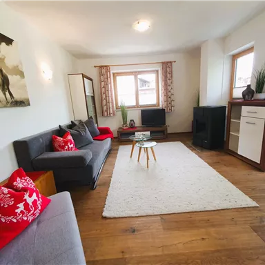 A cozy living room with a gray couch, red pillows, and a rug on a wooden floor. A picture of a dog hangs on the wall, and there are windows that provide natural light.