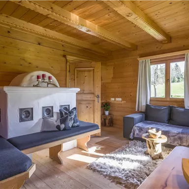 Eine gemütliche Holzhütte mit einem Kamin und einer einladenden Sitzecke. Großzügige Fenster bieten einen Blick auf die grüne Landschaft.
