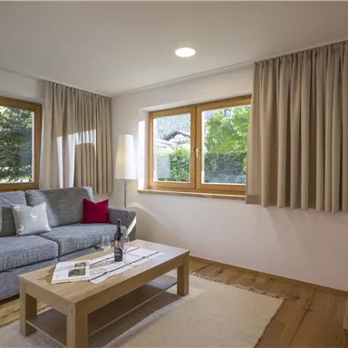 Ein gemütliches Wohnzimmer mit einem grauen Sofa und roten Kissen. Große Fenster lassen viel Licht hereinflooden und bieten einen Blick ins Grüne.