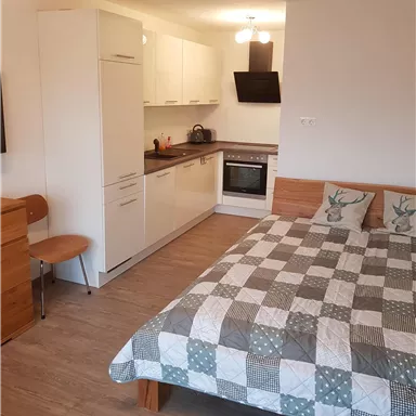 A modern, cozy room with a kitchenette and a double bed. The walls are light, and the floor has a wood look.