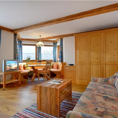 Ein gemütliches Wohnzimmer mit Holzvertäfelungen, einem Sofa und einem Holzkaffee Tisch. Große Fenster lassen viel Licht herein und bieten einen Blick nach draußen.