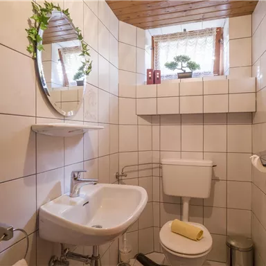 Ein kleines Badezimmer mit weißen Fliesen und Holzdetails. Es gibt ein Waschbecken, eine Toilette und eine Fensterbank mit Pflanzen.