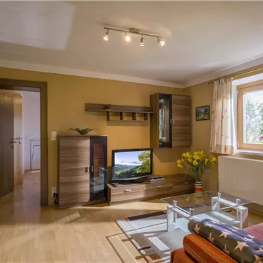 Ein gemütliches Wohnzimmer mit einem Fernseher, einem Sofa und einer großen Fensterfront. Die Wände sind in warmen Farben gehalten und eine Pflanze steht auf dem Tisch.