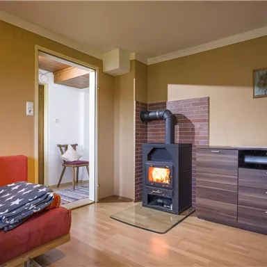 Eine gemütliche Wohnräume mit einem roten Sofa und einem modernen Kamin. An der Wand stehen ein paar Dekorationen und ein Blumenstrauß.