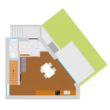 A simple floor plan drawing of an apartment. The rooms include a kitchen, a living area, and a dining space.