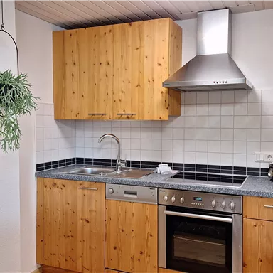 A modern kitchen with wooden cabinets and a stainless steel stove. The walls are brightly tiled, and a plant hangs decoratively in front of a window.