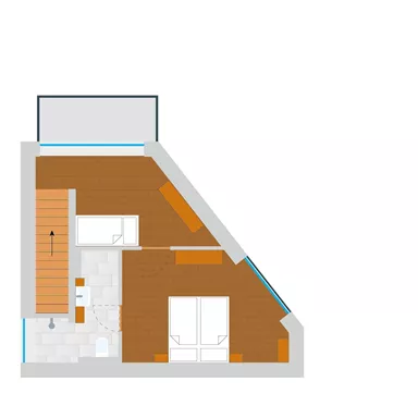 A floor plan of a room with a staircase, a bathroom, and two French doors. The floor is partially designed with wood and stone.