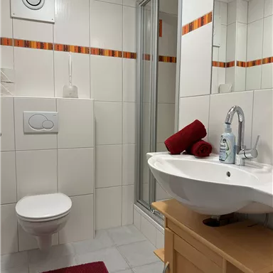 A modern bathroom with white tiles and a sink. There is a shower cubicle, a toilet, and fresh towels on the shelf.
