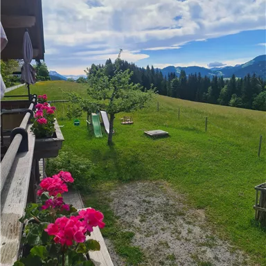 Eine malerische Landschaft mit grünen Wiesen und Bergen im Hintergrund. Bunte Blumen schmücken den Balkon und der Himmel ist leicht bewölkt.