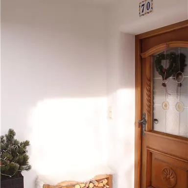 Ein einladender Eingangsbereich mit einer Holztür und einem kleinen Lager von Holzscheiten. An der Wand hängt eine Hausnummer und das Licht fällt sanft auf die Wand.