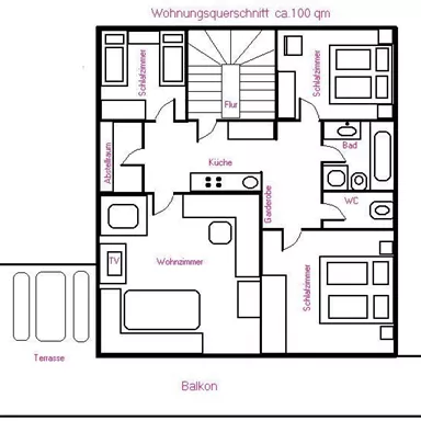Eine Wohnung mit einem quadratischen Grundriss von ca. 100 qm. Der Plan zeigt verschiedene Räume, einschließlich Schlafzimmer, Bad, Küche und Wohnzimmer.