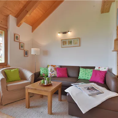 Ein gemütliches Wohnzimmer mit Holzbalkendecke und modernen Möbeln. Auf dem Tisch stehen Getränke und Zeitschriften, die Atmosphäre ist einladend.