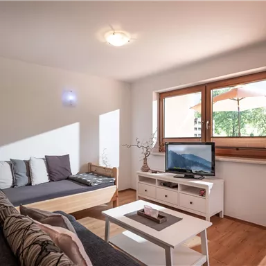 A bright living room with a cozy sofa and a television. Through the window, you can see a sun umbrella outside.