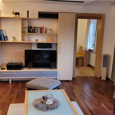 Ein modernes Wohnzimmer mit einem Fernseher und einem hellen Holzregal. Der Raum hat einen gemütlichen Teppich und große Fenster, die viel Licht hereinlassen.