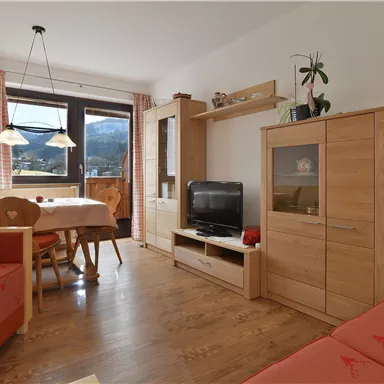 Ein gemütliches Wohnzimmer mit Holzmöbeln und einem Essbereich. Durch das Fenster hat man einen Blick auf die Berge.