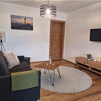 Ein modernes Wohnzimmer mit einem grauen Sofa, einem Holztisch und einem runden Teppich. An der Wand hängen ein Bild und ein Fernseher, und eine Pflanze steht auf dem Sideboard.