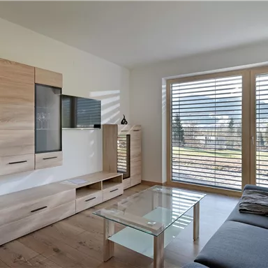 A modern living room with a gray sofa and a glass table. Large windows with blinds provide a view of the outdoors.