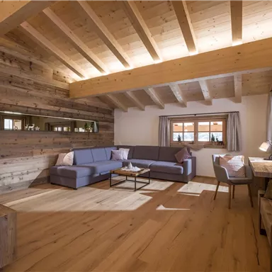 A cozy living room with wooden walls and a comfortable sofa. Plenty of light streams through the windows, creating an inviting atmosphere.