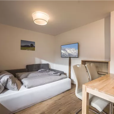 A cozy room with a pull-out sofa and a table. A TV hangs on the wall and there is a small flower on the table.