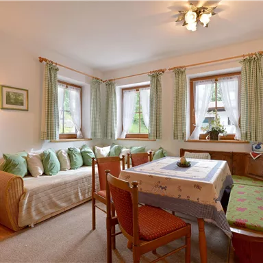 Ein gemütliches Wohnzimmer mit einem Sofa und einem Esstisch. Große Fenster lassen viel Licht herein und grüne Vorhänge sorgen für eine einladende Atmosphäre.