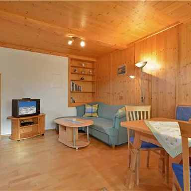 Ein gemütlicher Wohnraum mit Holzwänden, einem Sofa und einem Tisch. Im Hintergrund steht ein Fernseher und es gibt eine Essecke mit Stühlen.