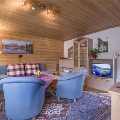 A cozy living space with blue armchairs and a wooden table. The walls are panelled with wood and there is a television as well as a beautiful rug.