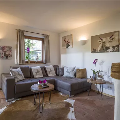 A cozy living room with a gray sofa and natural light sources. The walls are decorated with subtle pictures, and a small table complements the decor.