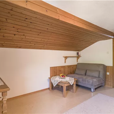 Ein gemütlicher Wohnraum mit einem Sofa und einem Fernseher. Die Wände sind aus Holz, und es gibt eine Fensterfront, die viel Tageslicht hereinlässt.