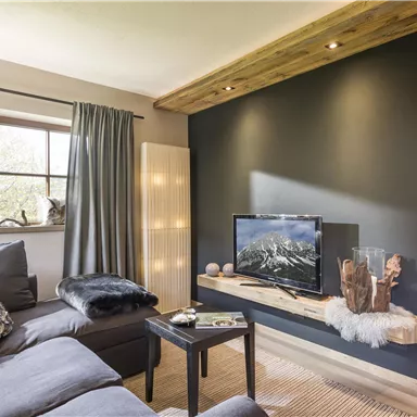 Ein modernes Wohnzimmer mit einem grauen Sofa und einem Fernseher an der Wand. Helle Fenster lassen viel Licht herein und sorgen für eine gemütliche Atmosphäre.