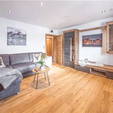 Ein modernes Wohnzimmer mit einem grauen Sofa, einem kleinen Couchtisch und dekorativen Elementen. Der Boden ist aus Holz und es gibt eine gemütliche Atmosphäre.