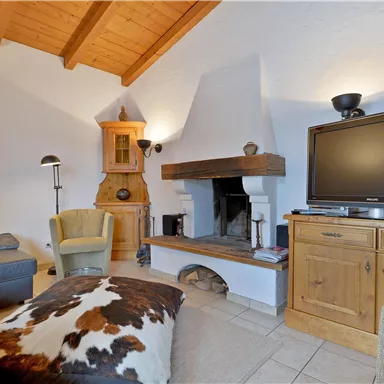 Ein gemütliches Wohnzimmer mit einem Kamin und einer Fernsehcouch. Holzdecken und ein rustikales Mobiliar schaffen eine einladende Atmosphäre.