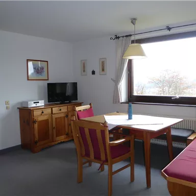 A cozy living space with a table, chairs, and a television. The window offers a view of the landscape.