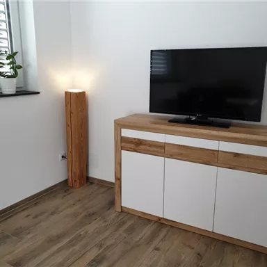 Ein moderner Wohnbereich mit einem Fernseher auf einem Holzschrank. Neben dem Schrank steht eine elegante Stehlampe und eine Pflanze auf dem Fensterbrett.