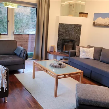 Ein modernes Wohnzimmer mit zwei grauen Sofas und einem Tisch in der Mitte. Im Hintergrund sind große Fenster mit Blick auf die Natur und ein Kamin zu sehen.