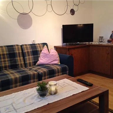 Ein gemütliches Wohnzimmer mit einem karierten Sofa und einem Holztisch. Der Fernseher steht auf einem Schrank neben einer kleinen Pflanze.