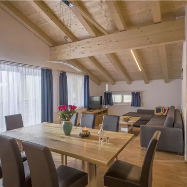Ein modernes Wohnzimmer mit einem großen Esstisch und gemütlichen Sofas. Helle Fenster und Holzdecken schaffen eine einladende Atmosphäre.
