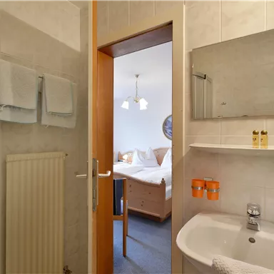 A bathroom with a shower, sink, and mirror. In the background, a bedroom with a bed is visible.