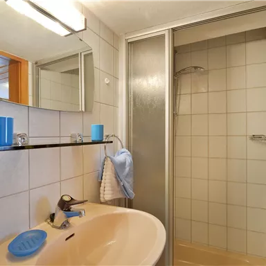 A modern bathroom with a sink, a mirror, and a shower. The walls are tiled and there are some bath accessories on the shelf.