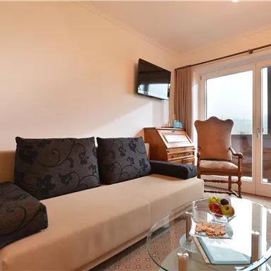 Ein gemütliches Wohnzimmer mit einem Sofa und einem Fernseher an der Wand. Große Fenster sorgen für viel Licht und Blick nach draußen.