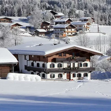 Eine verschneite Landschaft mit gemütlichen Holzhäusern und schneebedeckten Feldern. Im Hintergrund sind weitere Berge und Bäume zu sehen.