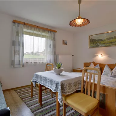 Ein gemütlicher Raum mit einem Tisch und Stühlen, einem Bett und einem Sofa. Ein Fenster sorgt für viel Tageslicht und der Raum ist einfach, aber einladend dekoriert.