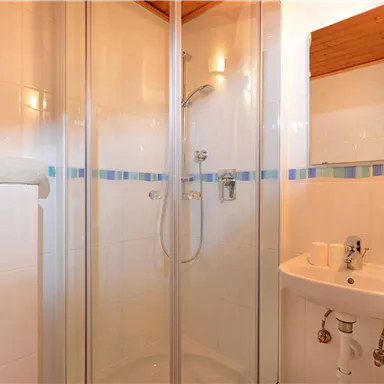 Ein modernes Badezimmer mit einer Dusche und einer Waschbecken. Die Wände sind hell und der Raum wirkt sauber und einladend.